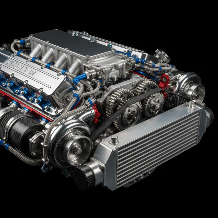 supercar engine product image plain black background 